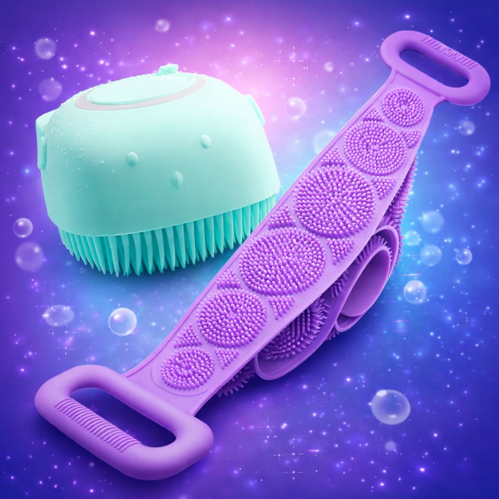 2-in-1 Silicone Bath Brush & Back Scrubber Combo Deal | Body Massage Bath Brush + Silicone Back Scrubber Belt